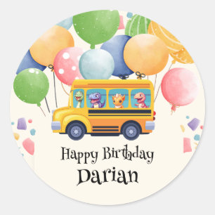 Sticker Rond Drôle dinosaure Retour À L'École Balloon Bus Anniv