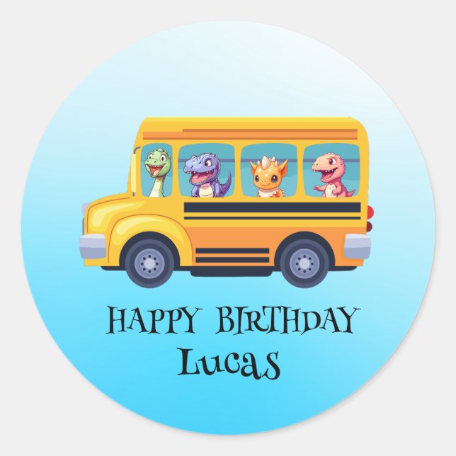 Sticker Rond Drôle dinosaure Retour à l'école Bus garçon Annive (Devant)