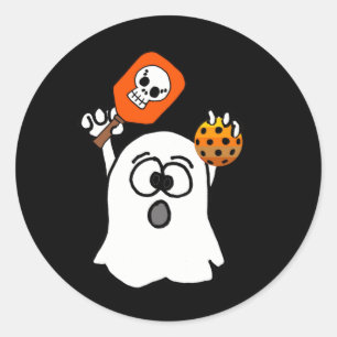 Sticker Rond Drôle Fantôme Jouer Pickleball Halloween
