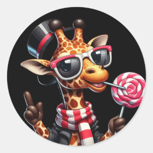 Sticker Rond Drôle Giraffe Portant des lunettes de soleil