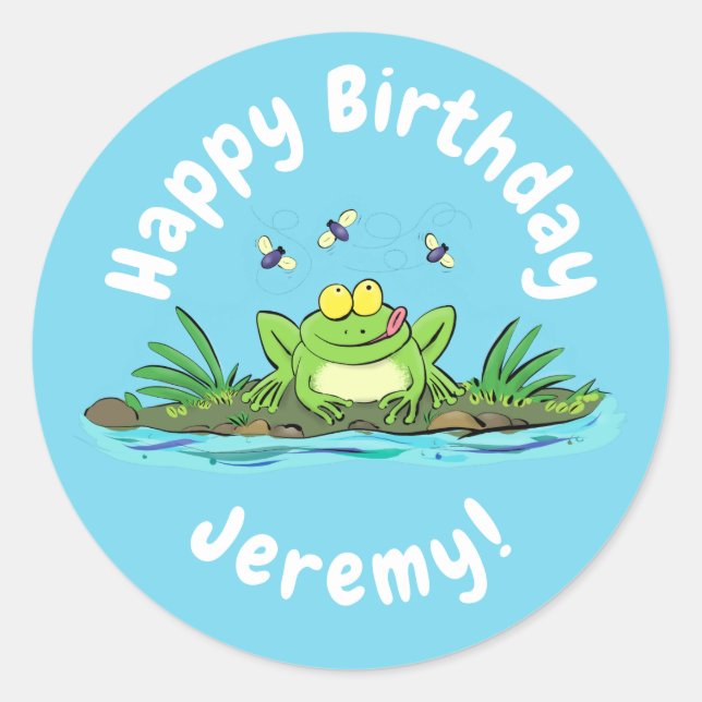 Sticker Rond Drôle grenouille verte avec dessin de mouches (Devant)