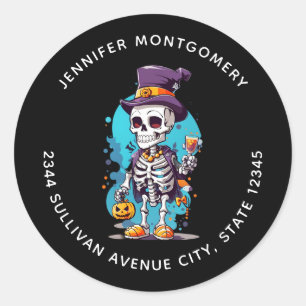 Sticker Rond Drôle Halloween Squelette portant Top Hat Adresse