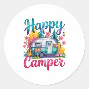 Sticker Rond Drôle Happy Camper Équipement de Camping Remorque