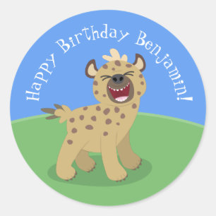 Sticker Rond Drôle hyène rire dessin animé anniversaire