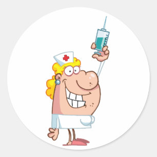 Sticker Rond Drôle Infirmière avec seringue