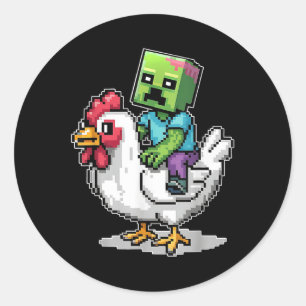 Sticker Rond Drôle Jockey Pixel Riding Jockey Poulet Sur Un Chi