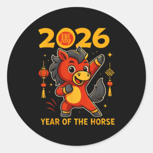 Sticker Rond Drôle Kawaii Lunaire 2026 Année du Cheval Chinois