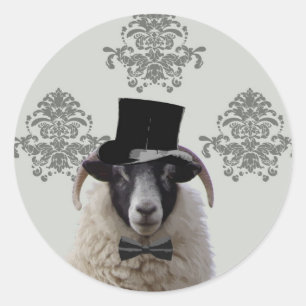 Sticker Rond Drôle marié mouton dans le chapeau supérieur
