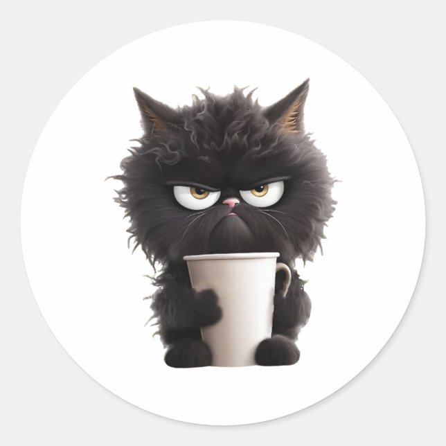 Sticker Rond Drôle mignon café de chat noir en colère (Devant)