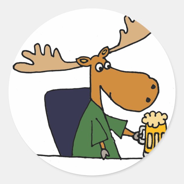 Sticker Rond Drôle Moose Boire Bière Cartoon (Devant)