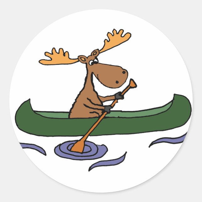 Sticker Rond Drôle Moose Canoeing Cartoon (Devant)