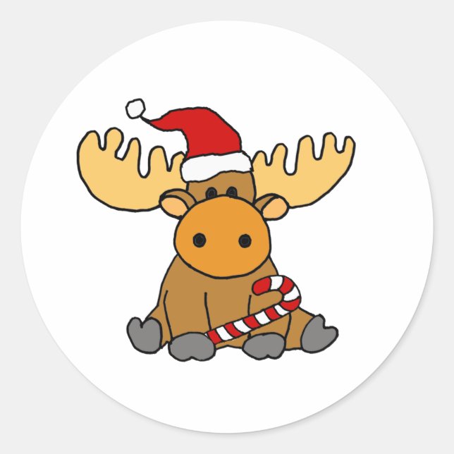 Sticker Rond Drôle Moose dans le chapeau de Noël (Devant)