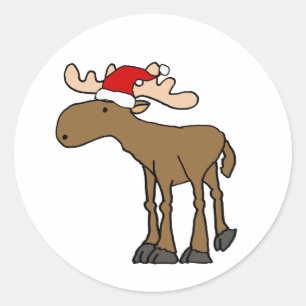 Sticker Rond Drôle Moose portant le chapeau de Noël