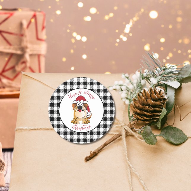Sticker Rond Drôle Noël Chien Dessin de Noël Fête du Père Noël (Créateur téléchargé)