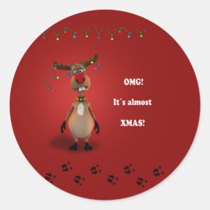 Sticker Rond Drôle Noël Rouge renne à nez rouge
