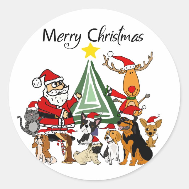 Sticker Rond Drôle Père Noël et amis Caricature de Noël (Devant)
