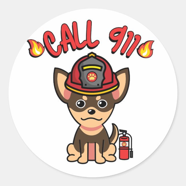 Sticker Rond Drôle petit chien est pompier (Devant)