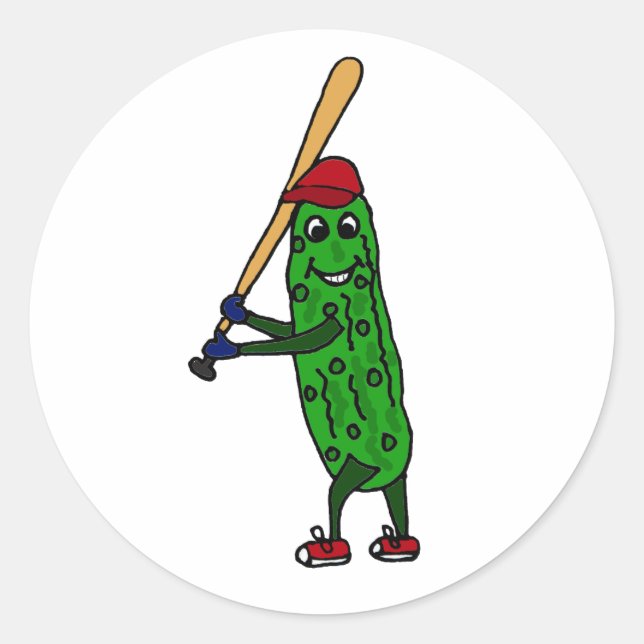 Sticker Rond Drôle Pickle Jouer au dessin de baseball (Devant)
