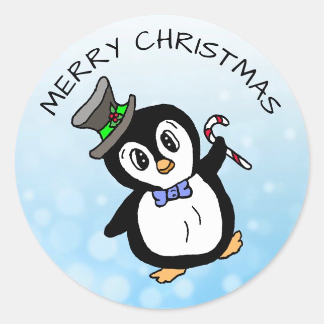 Sticker Rond Drôle Pingouin dansant avec Sucre de canne Noël (Devant)