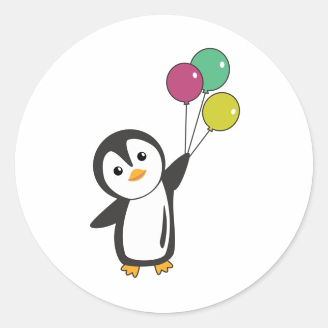 Sticker Rond Drôle Pingouin S'Envole Avec Des Ballons (Devant)