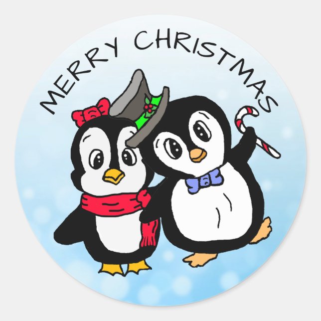 Sticker Rond Drôle Pingouins dansants avec Sucre de canne Noël (Devant)