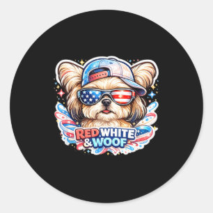 Sticker Rond Drôle rouge blanc et ouaf chien maltais patriotiqu