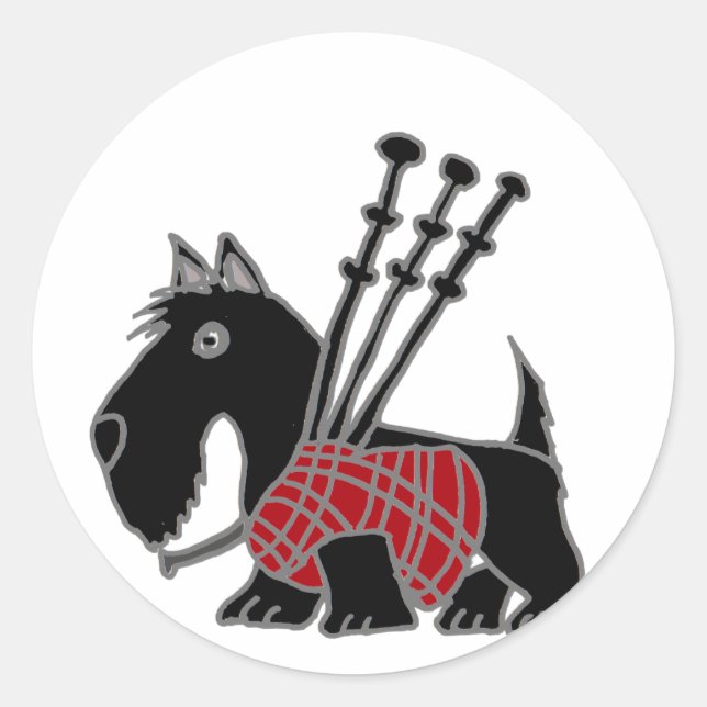 Sticker Rond Drôle Scottish Terrier chiot chien Jouer des Bagpi (Devant)