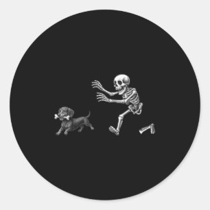 Sticker Rond Drôle Skeleton chasse Dachshund Chien Halloween Ch