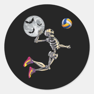 Sticker Rond Drôle Skeleton Jouer Volleyll Joyeux Halloween Da