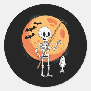 Sticker Rond Drôle Skeleton Pêcheurs Lune Éffrayant Hallowee