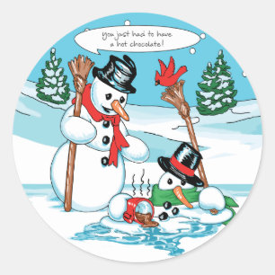 Sticker Rond Drôle Snowman avec un dessin au chocolat chaud