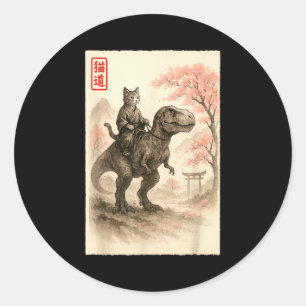 Sticker Rond Drôle Sumi-e Kawaii Chat Équitant Dinosaur Japonai