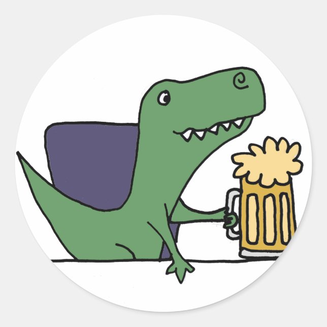 Sticker Rond Drôle Vert T-Rex Dinosaure Boire Bière (Devant)