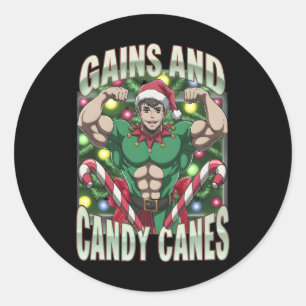 Sticker Rond Drôles de Gains et Canneberges de Noël Elf Gym Tra