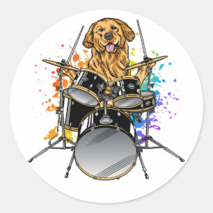 Sticker Rond Drummer de chien Jouer des tambours