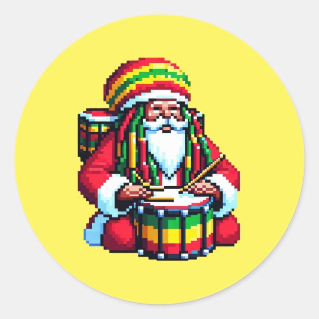 Sticker Rond Drummer Père Noël Reggae - Fun Pixel Art Christmas (Devant)