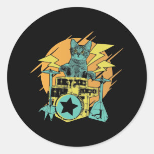 Sticker Rond Drumming Cat Rock Musique Kitten