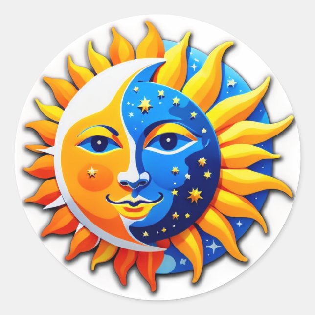 Sticker Rond Dualité de jour et de nuit : Soleil et Lune Visage (Devant)