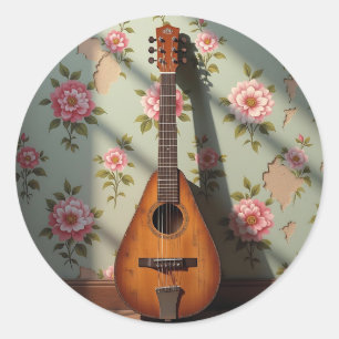 Sticker Rond Dulcimer à six cordes Floral vintage
