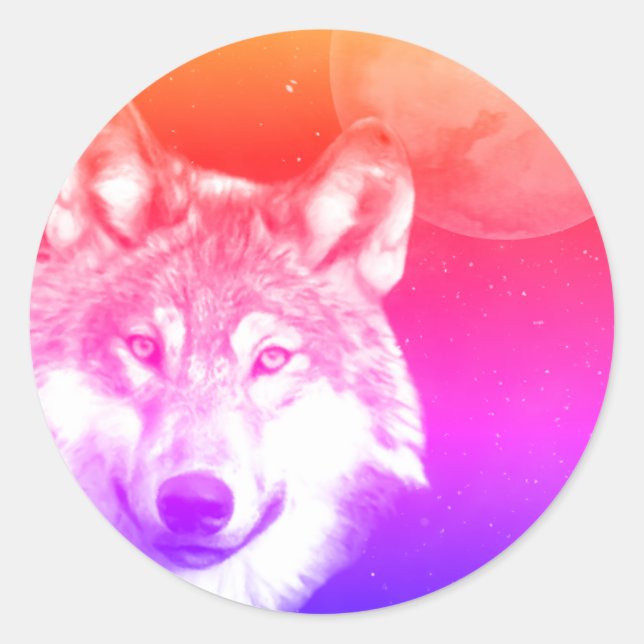 Sticker Rond Duotone Loup solitaire ciel étoilé lune de sang (Devant)