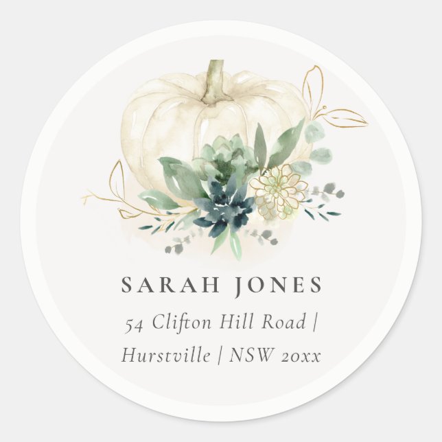 Sticker Rond Dusky Blue Green Gold Succulent Citrouille Adresse (Devant)