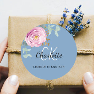 Sticker Rond Dusty bleu rose fleuri eucalyptus merci