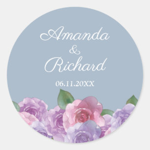 Sticker Rond Dusty bleu rose violet Mariage floral