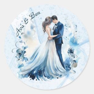 Sticker Rond Dusty Blue Alcohol Ink Bride & Groom Mariage