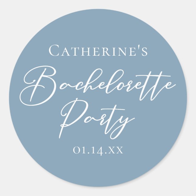 Sticker Rond Dusty Blue Bachelorette Party Custom White Script (Devant)