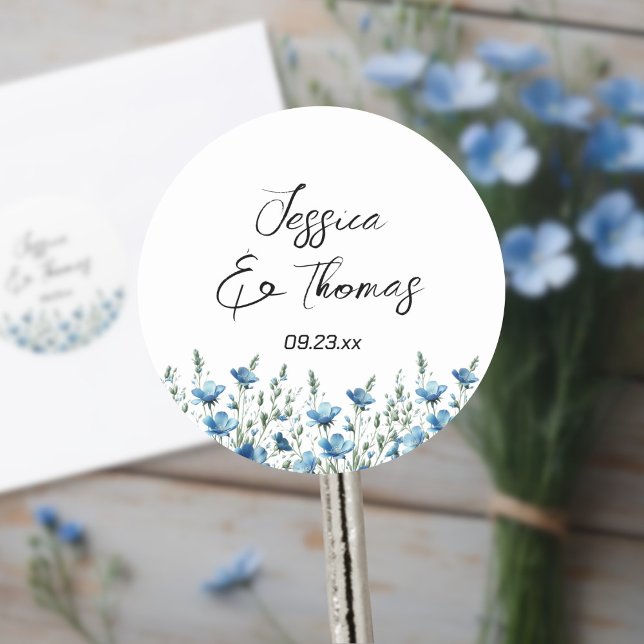 Sticker Rond Dusty Blue Boho Fleurs sauvages Couple's Names Mar (Créateur téléchargé)