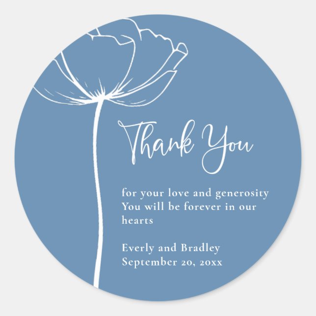 Sticker Rond Dusty Blue Bold Élégant Mariage floral Merci (Devant)