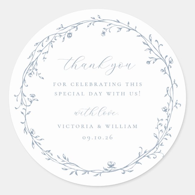 Sticker Rond Dusty Blue Botanical Wreath Wedding Favor (Devant)