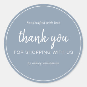 Sticker Rond Dusty Blue Chic Script Merci pour votre achat