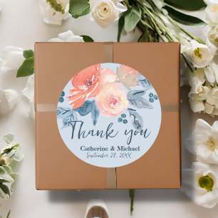 Sticker Rond Dusty Blue & Coral Rose Aquarelle Mariage Floral